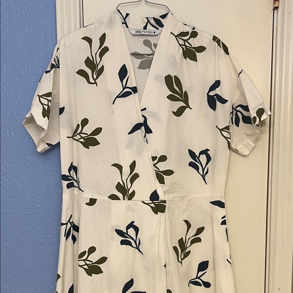 Zara Cream Dress with Green and Blue Leaves